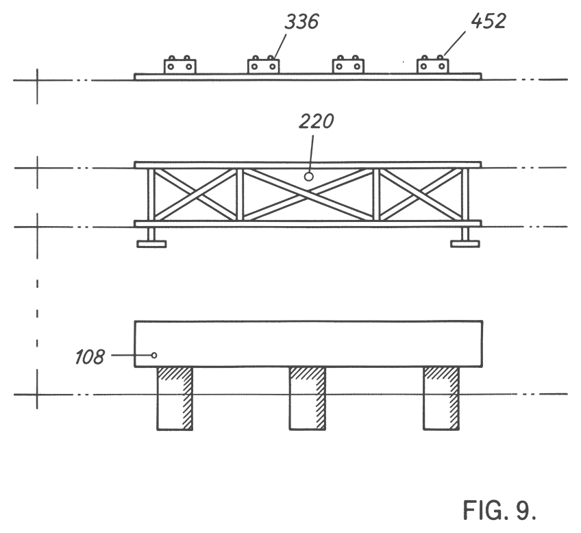 An exploded side elevation of three layers: a foundation slab on piers, a lattice framework above it, and a thin plate carrying small modules on top, with dashed alignment lines registering each layer to the one below.
